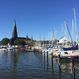 Blick über die Liegeplätze zum Schleswiger Dom.